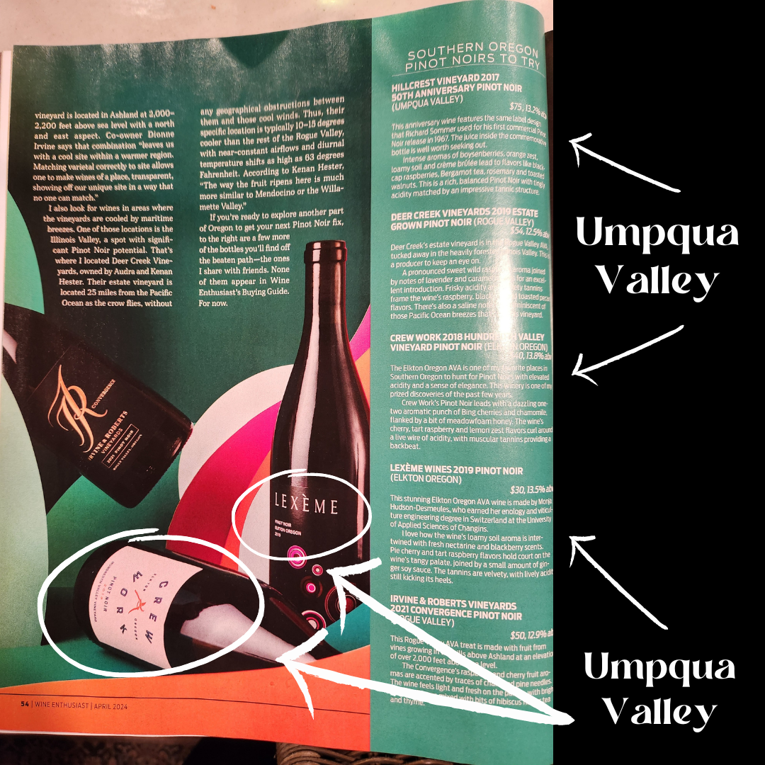Umpqua Valley wines from Wine Enthusiast Magazine April 2024 highlighting Southern Oregon Pinot Noir